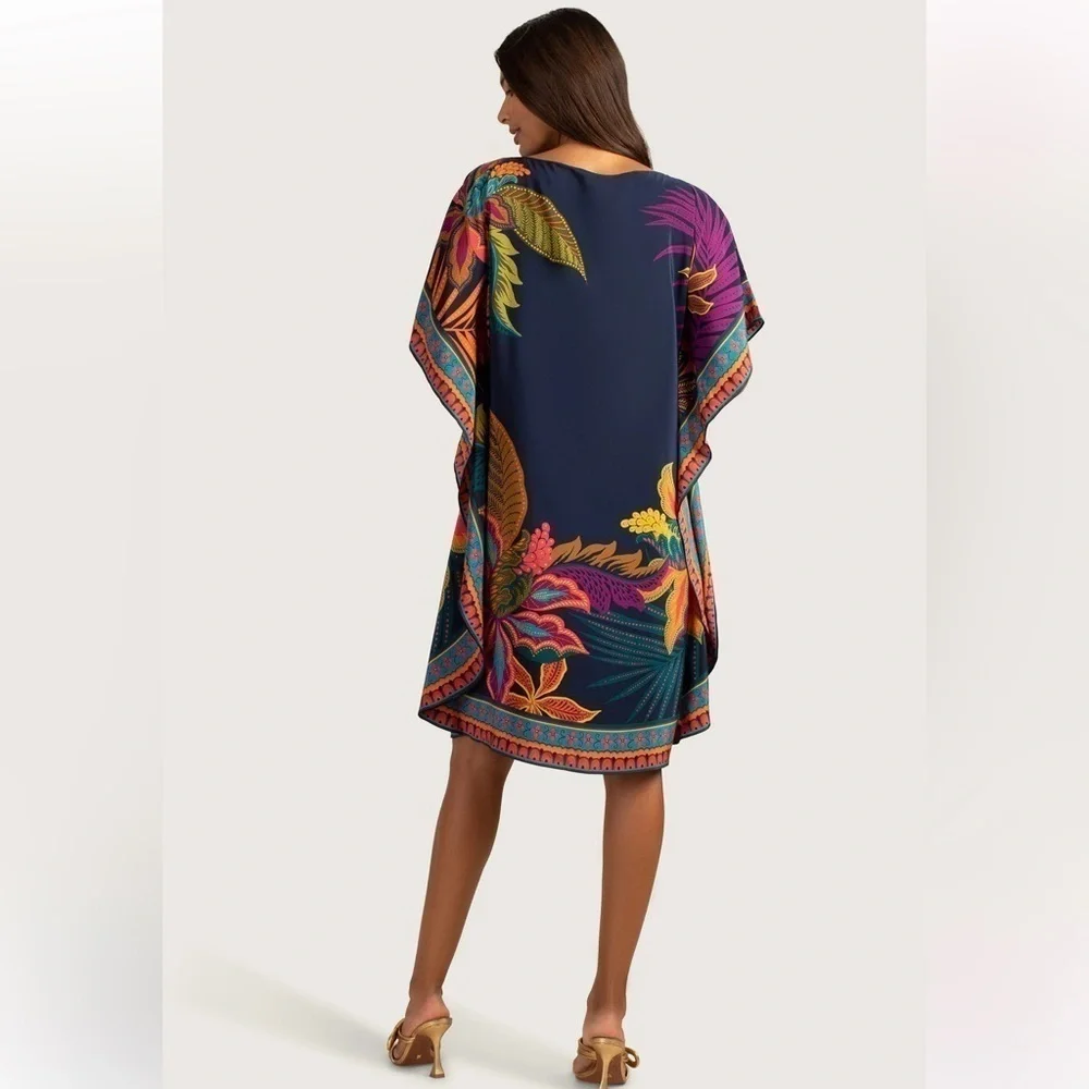 Trina Turk Global Silk Caftan Dress Womens Extra Small Navy Floral Tropical $398 - Picture 2 of 14
